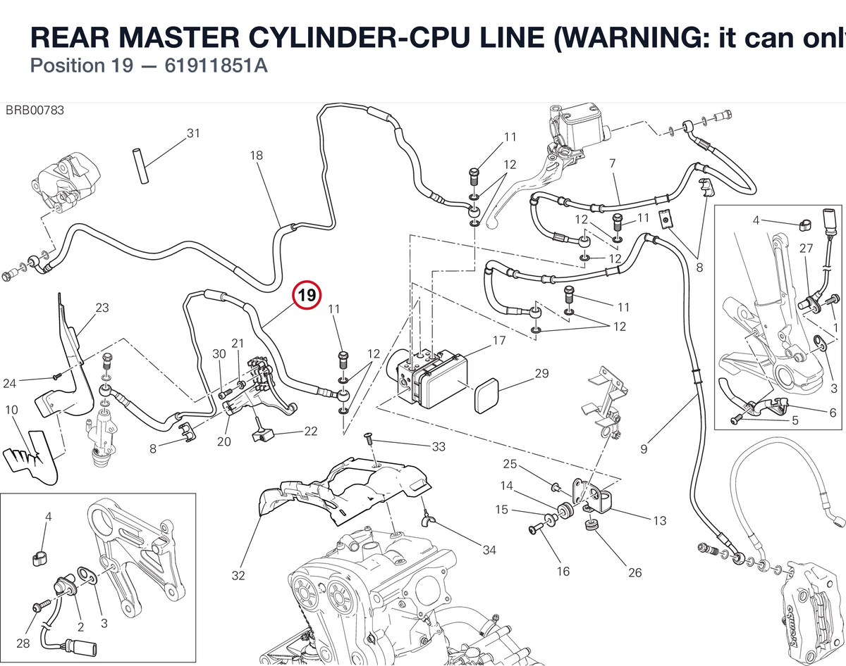 REAR MASTER CYLINDER-CPU LINE (WARNING: it can only be installed on vehicles equipped with vertical head wiring protection part no.75811871A. Provide it if not installed) 61911851A diagram position