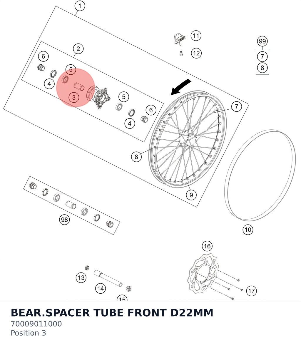 Diagram preview: BEAR.SPACER TUBE FRONT D22MM (70009011000)
