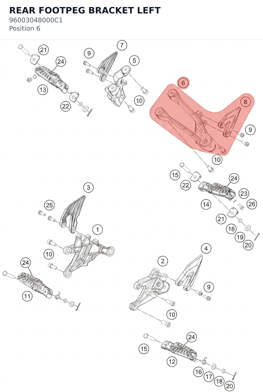 Diagram preview: REAR FOOTPEG BRACKET LEFT (96003048000C1)