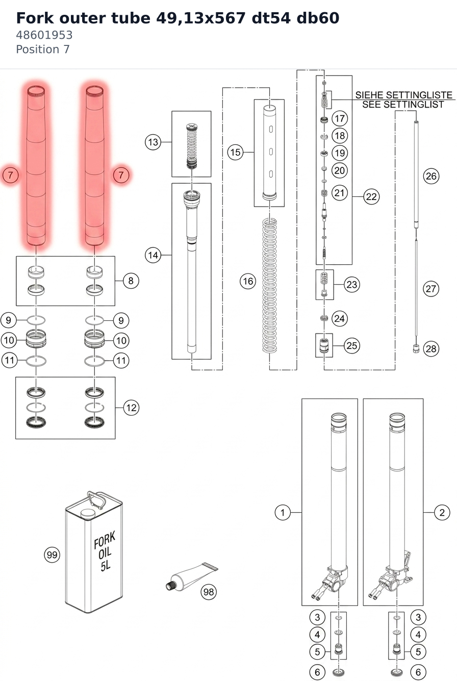 Diagram preview: Fork outer tube 49,13x567 dt54 db60 (48601953)