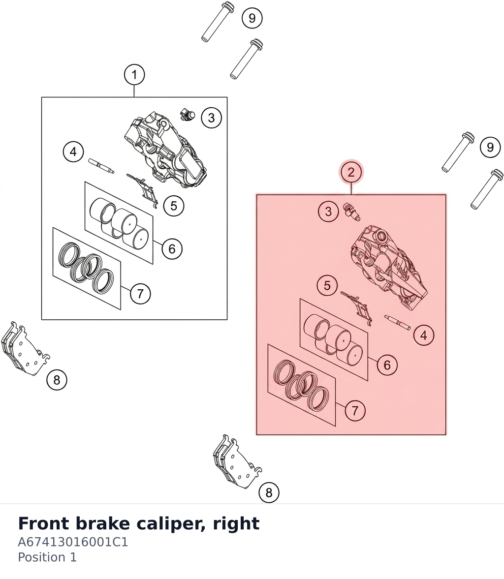 Diagram preview: Front brake caliper, right (A67413016001C1)