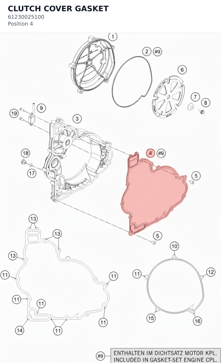 Diagram preview: CLUTCH COVER GASKET (61230025100)