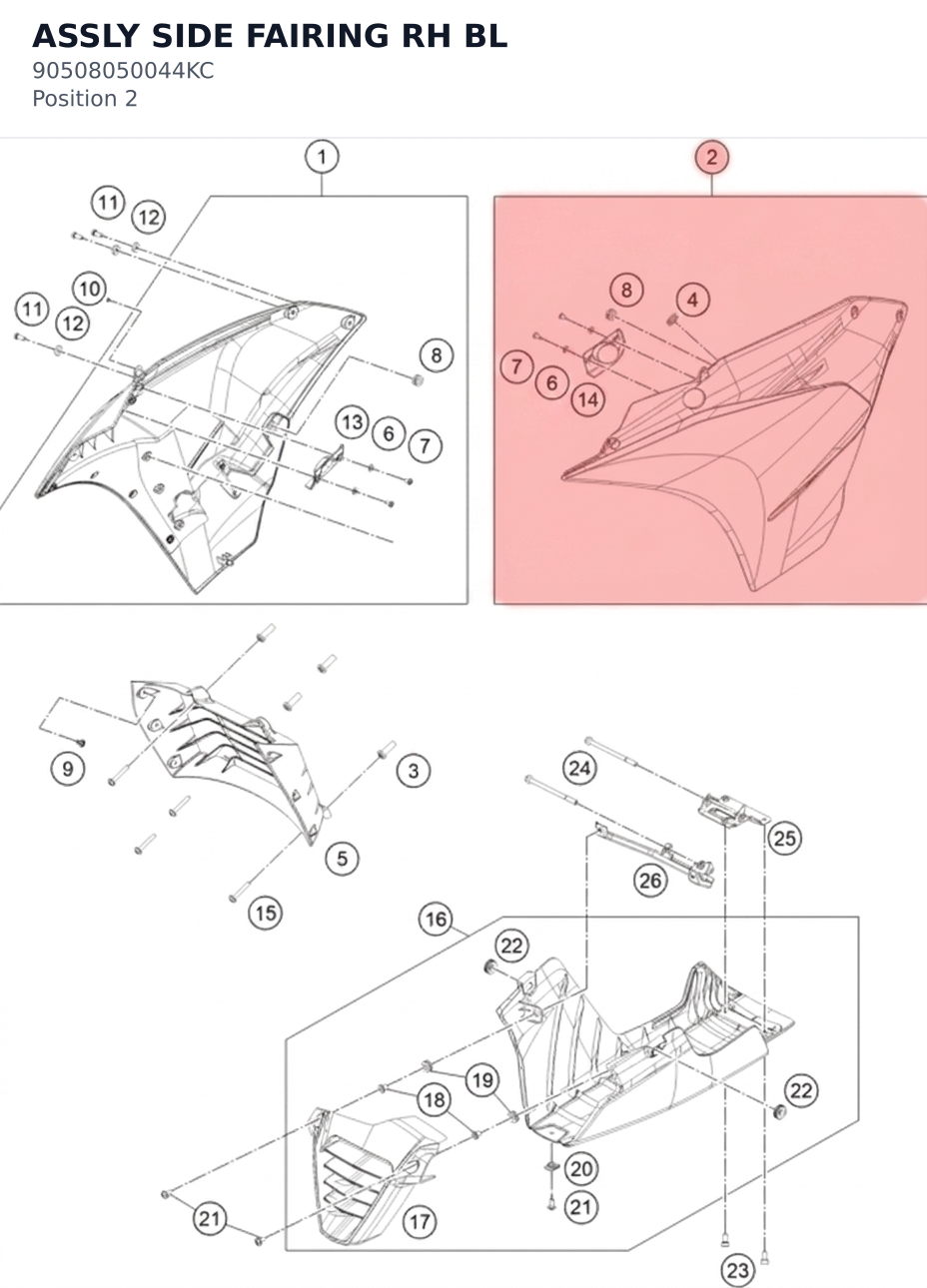 Diagram preview: ASSLY SIDE FAIRING RH BL (90508050044KC)