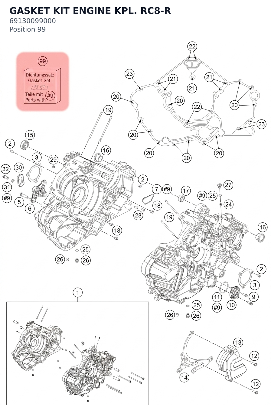 Diagram preview: GASKET KIT ENGINE KPL. RC8-R (69130099000)