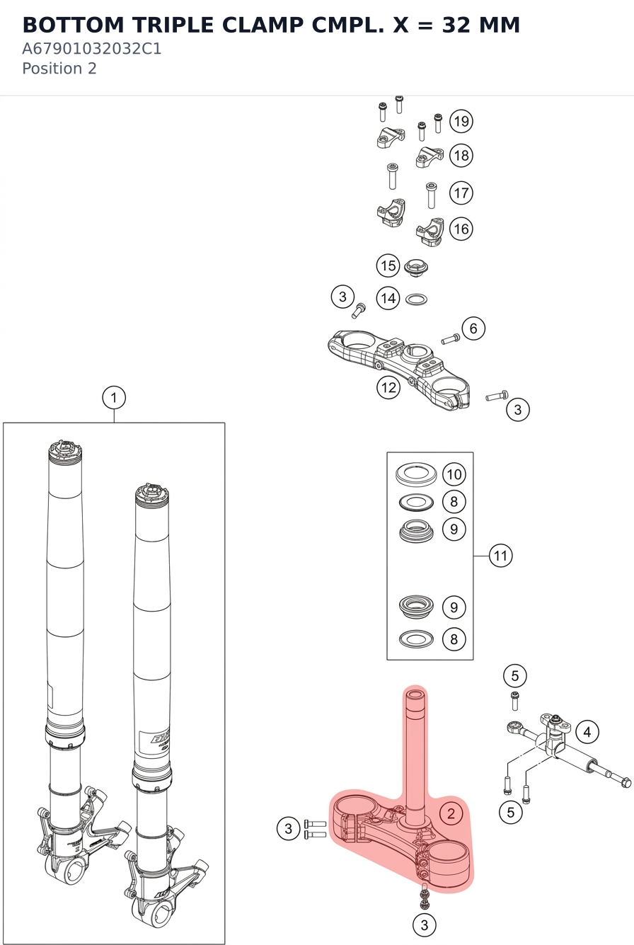 Diagram preview: BOTTOM TRIPLE CLAMP CMPL. X = 32 MM (A67901032032C1)