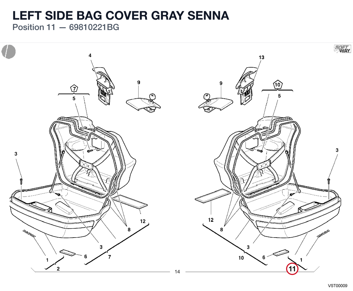 LEFT SIDE BAG COVER GRAY SENNA 69810221BG diagram position