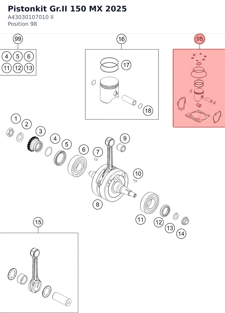 Diagram preview: Pistonkit Gr.II 150 MX 2025 (A43030107010 II)