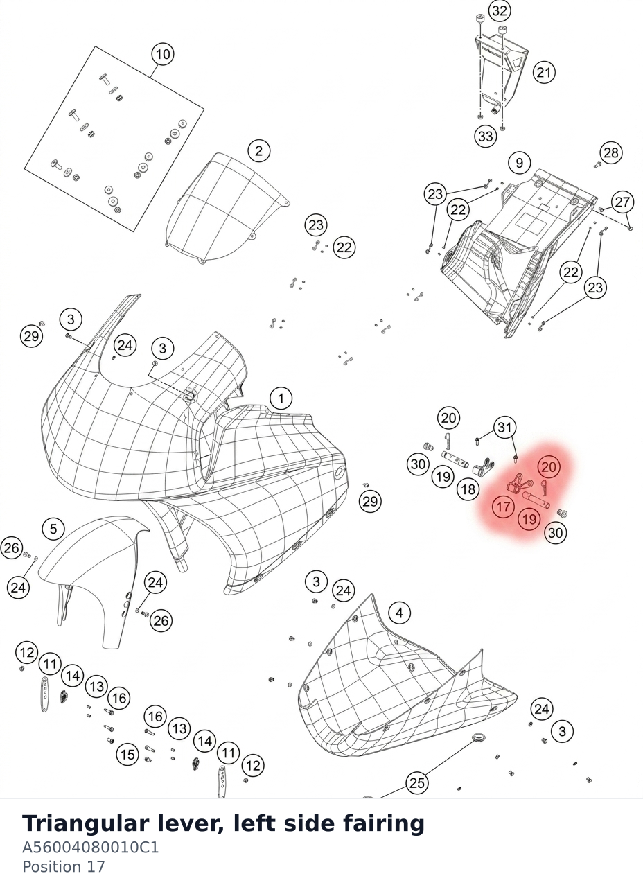 Diagram preview: Triangular lever, left side fairing (A56004080010C1)
