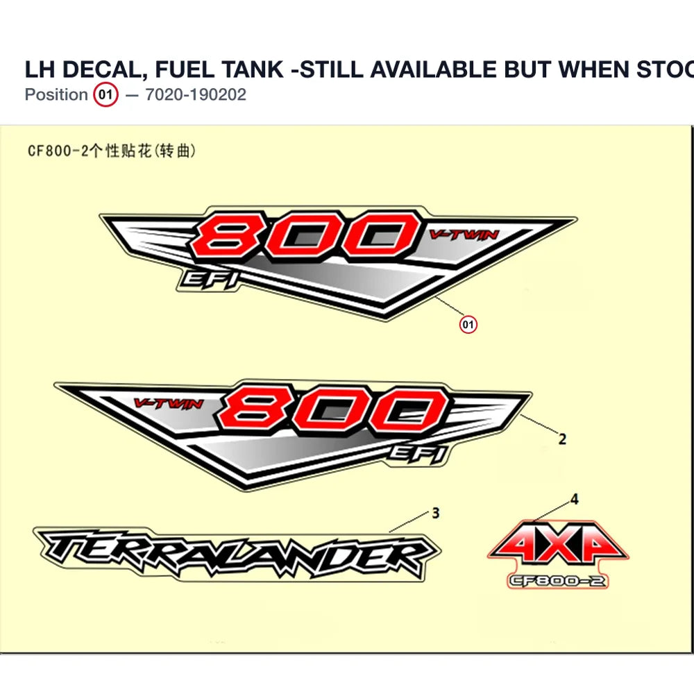 LH DECAL, FUEL TANK -STILL AVAILABLE BUT WHEN STOCK IS 0 PLEASE BUY THE DECAL ASSY product image