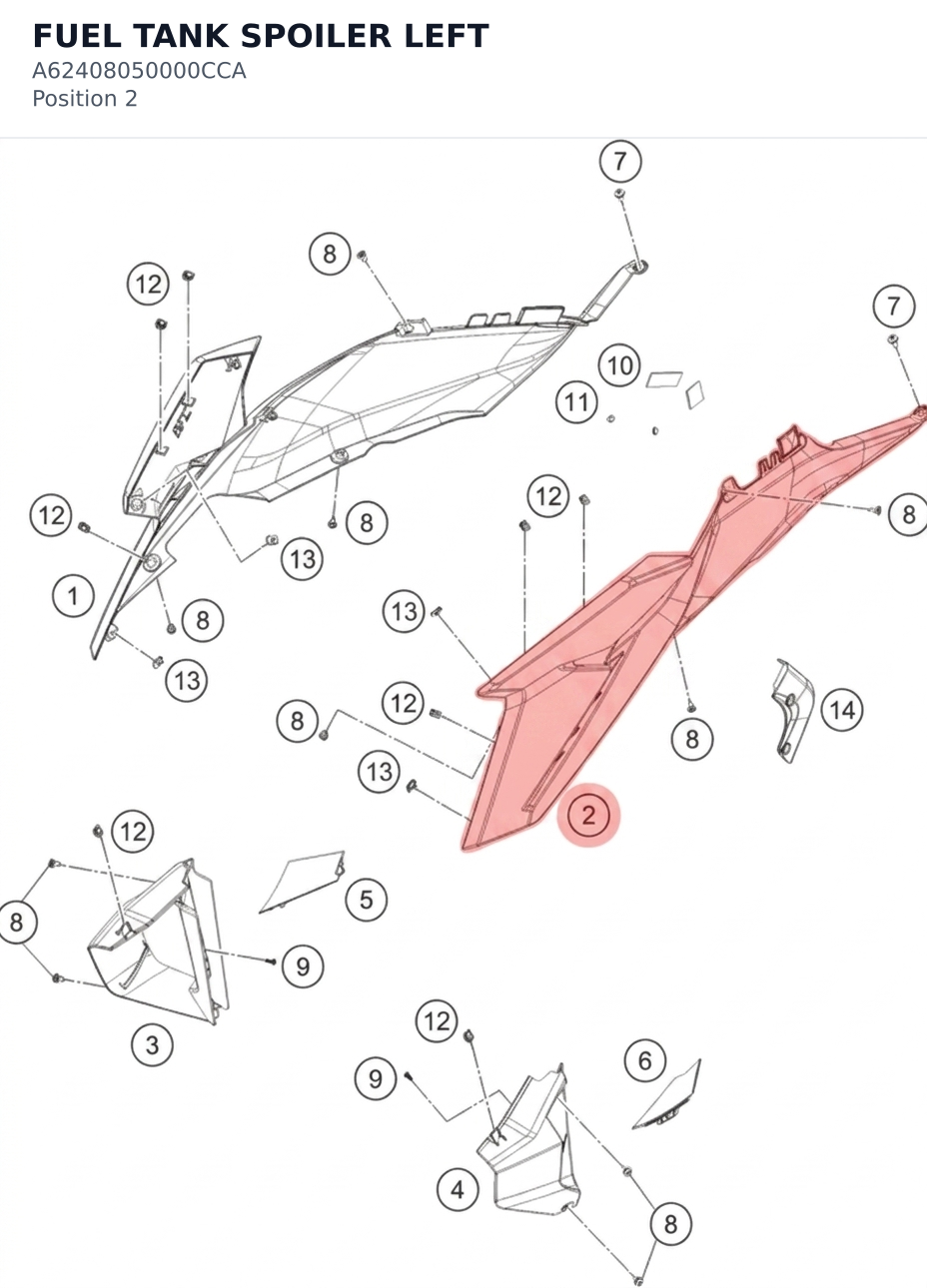 Diagram preview: FUEL TANK SPOILER LEFT (A62408050000CCA)