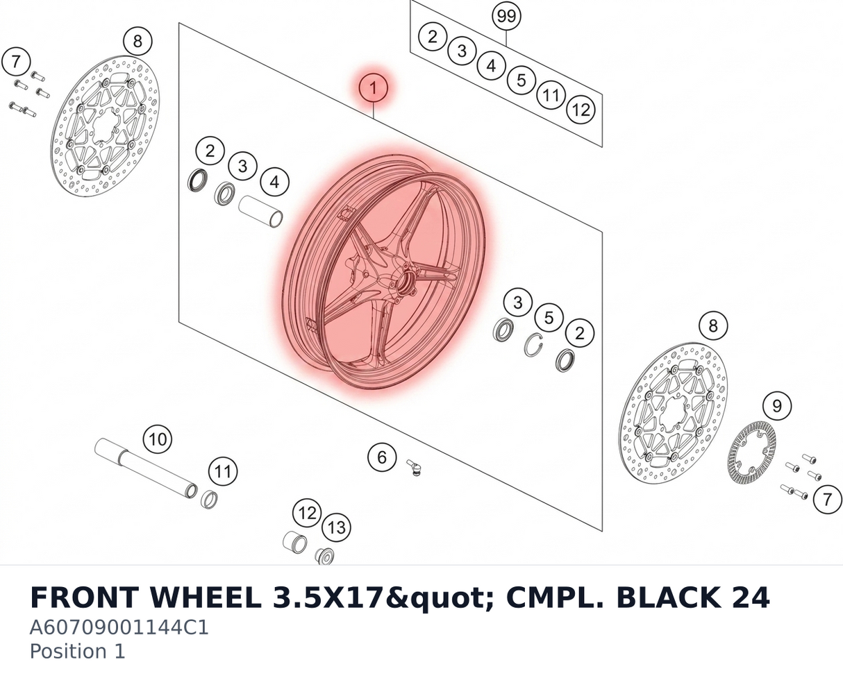 Diagram preview: FRONT WHEEL 3.5X17" CMPL. BLACK 24 (A60709001144C1)