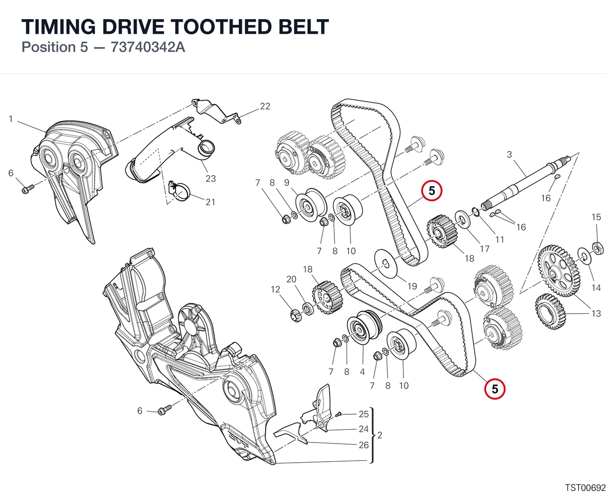 TIMING DRIVE TOOTHED BELT 73740342A diagram position