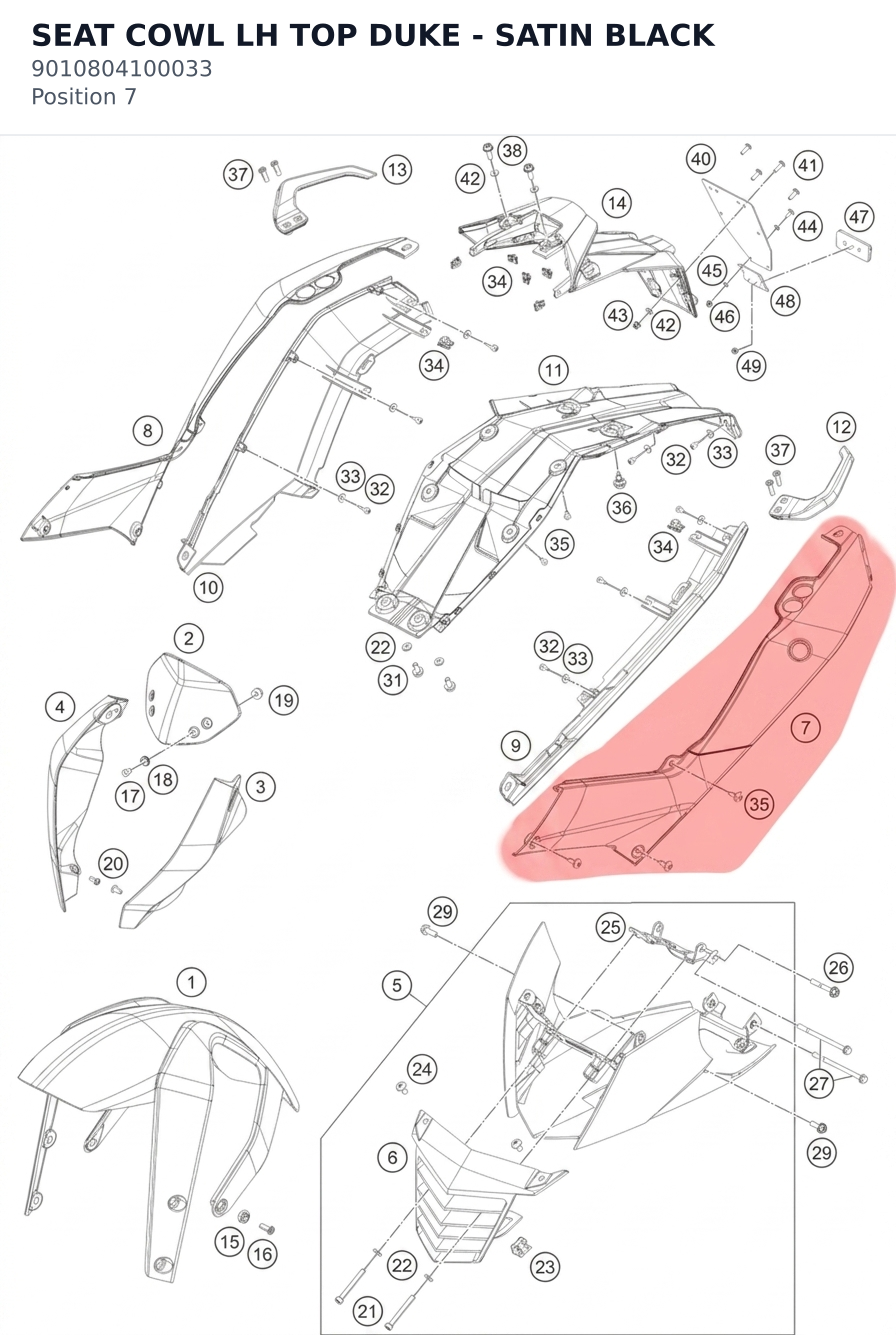 Diagram preview: SEAT COWL LH TOP DUKE - SATIN BLACK (9010804100033)