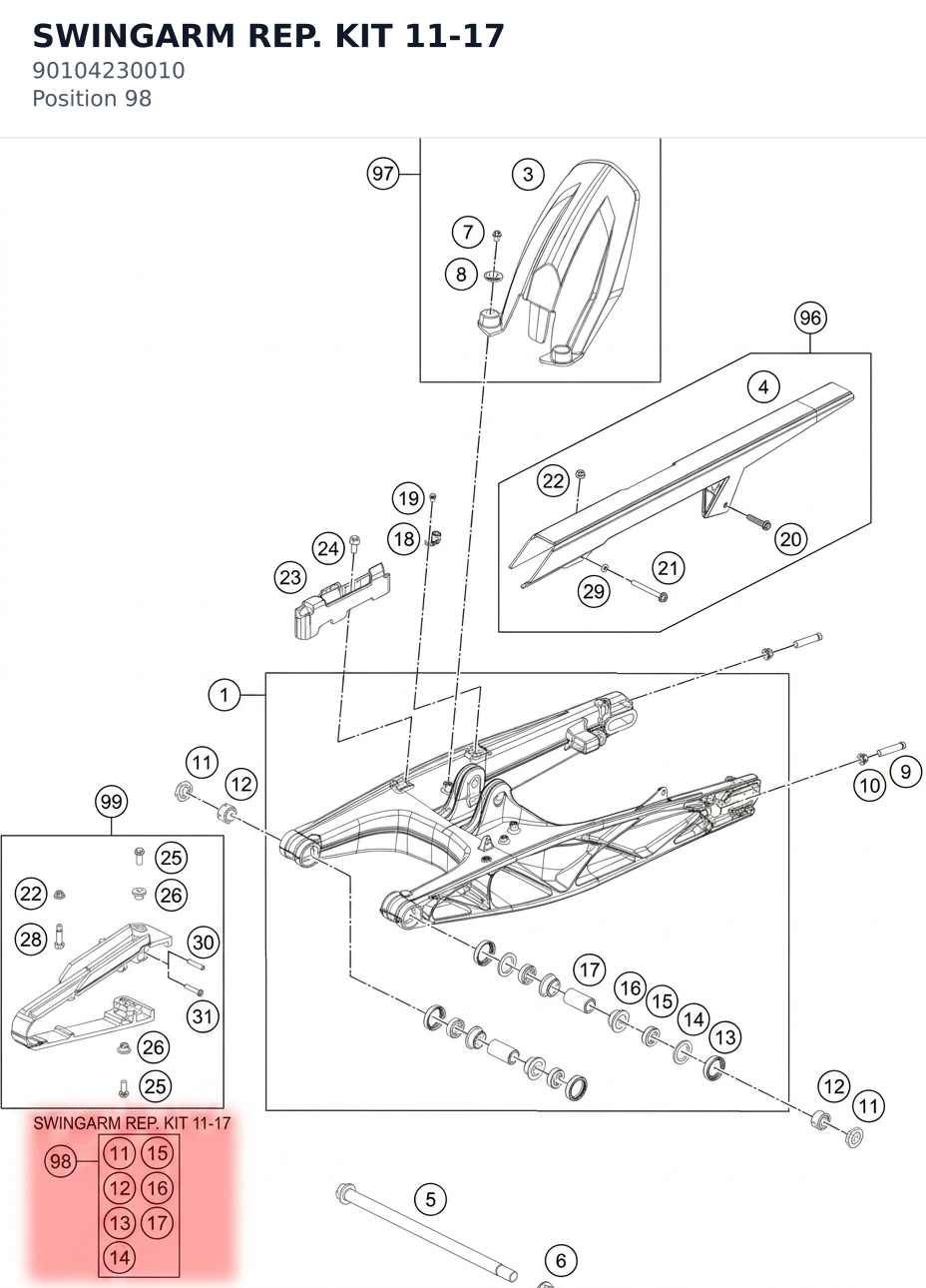 Diagram preview: SWINGARM REP. KIT 11-17 (90104230010)