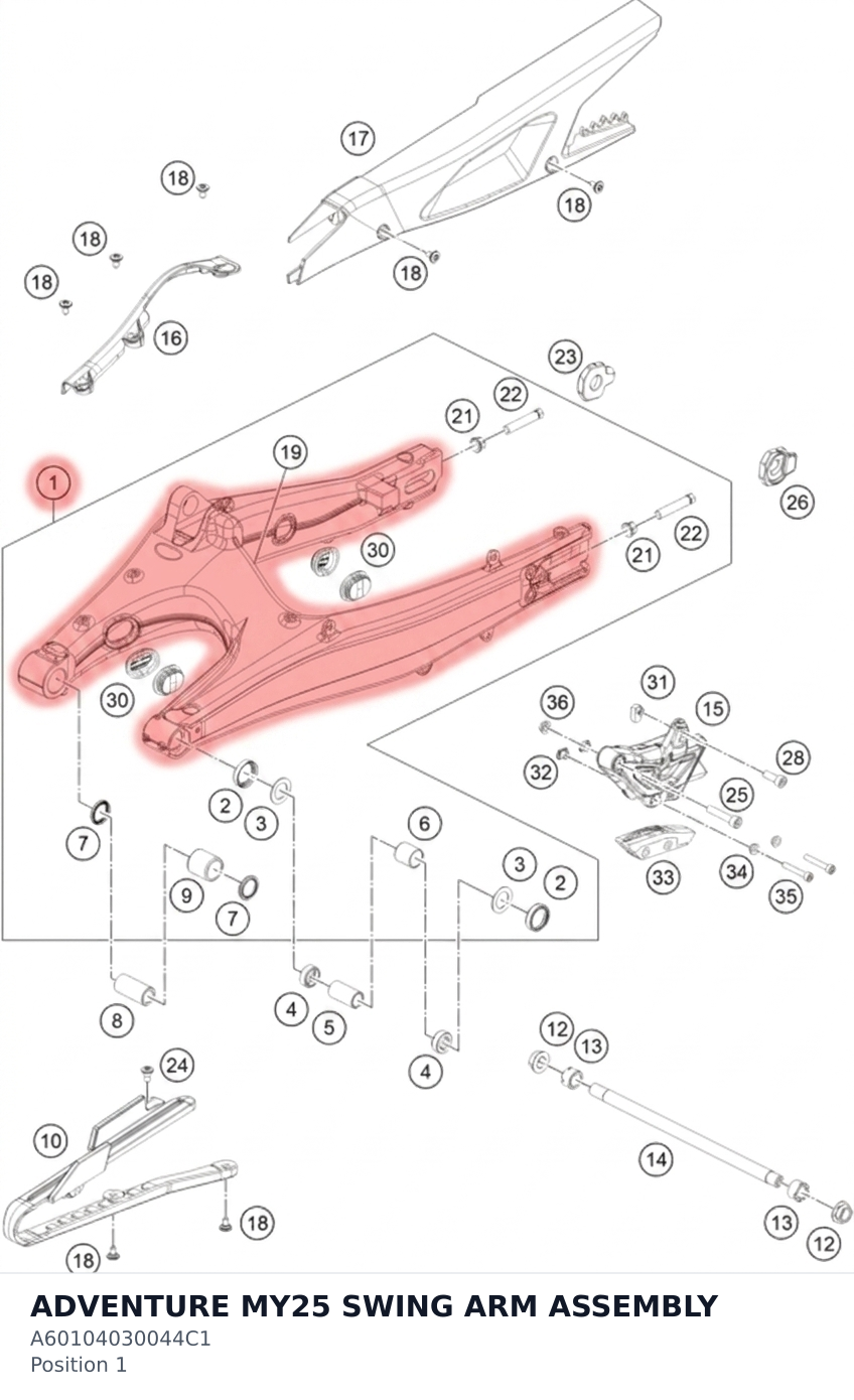 Diagram preview: ADVENTURE MY25 SWING ARM ASSEMBLY (A60104030044C1)