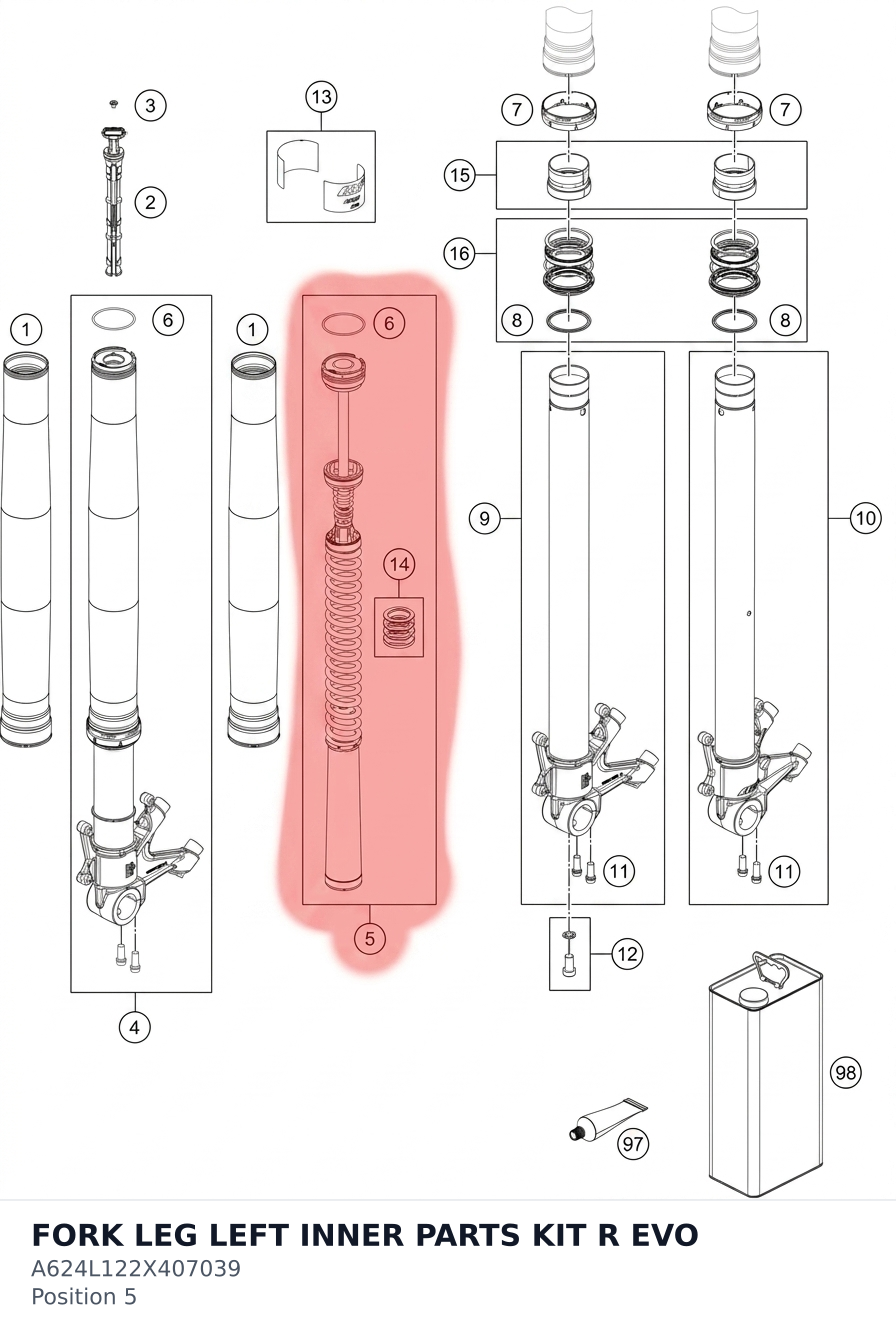 Diagram preview: FORK LEG LEFT INNER PARTS KIT R EVO (A624L122X407039)