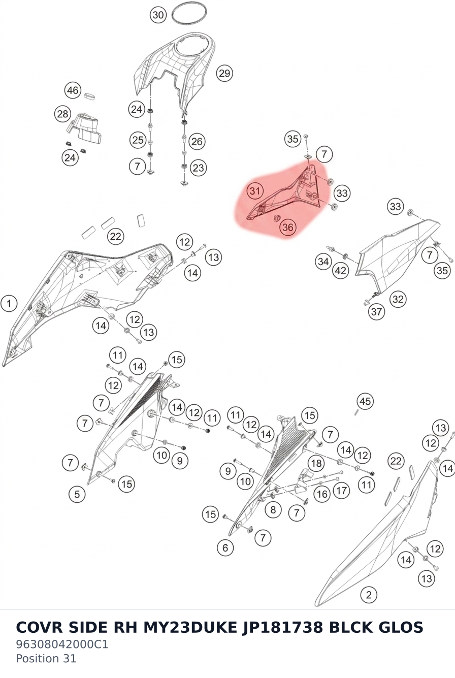 Diagram preview: COVR SIDE RH MY23DUKE JP181738 BLCK GLOS (96308042000C1)