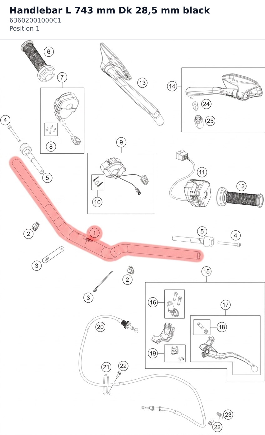 Diagram preview: Handlebar L 743 mm Dk 28,5 mm black (63602001000C1)