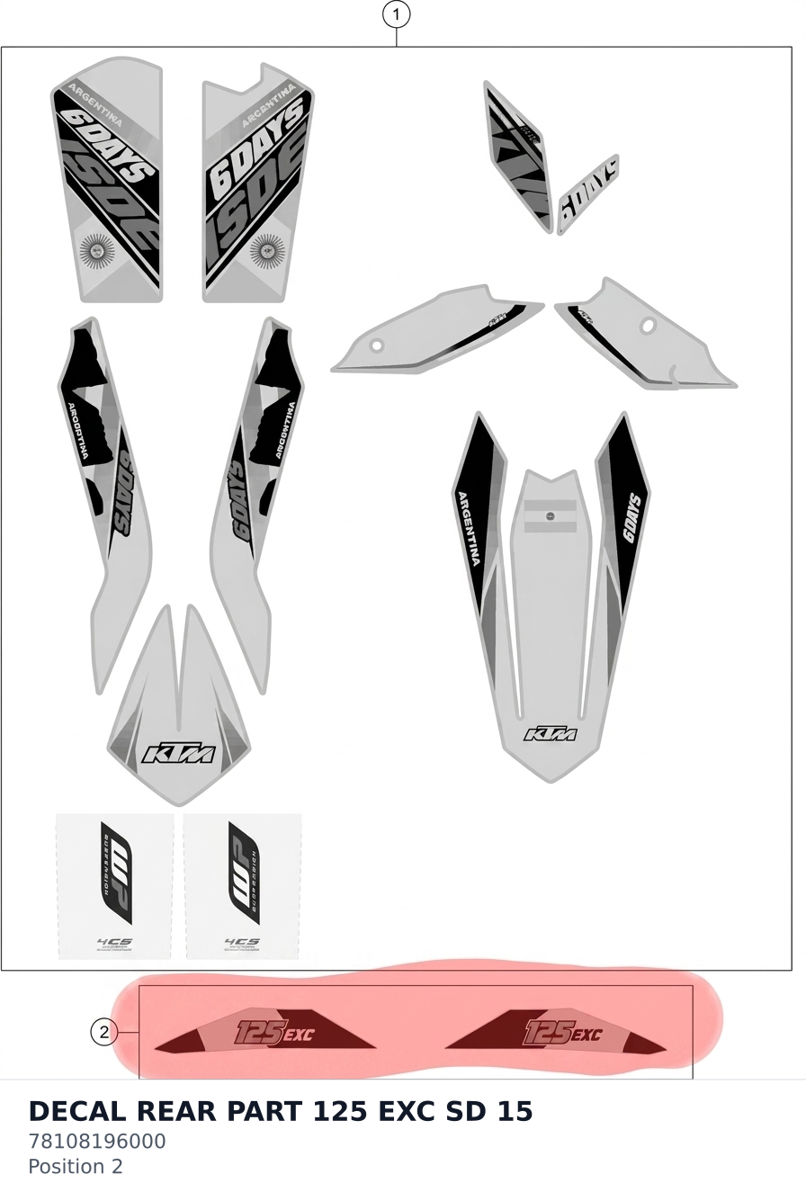 Diagram preview: DECAL REAR PART 125 EXC SD 15 (78108196000)