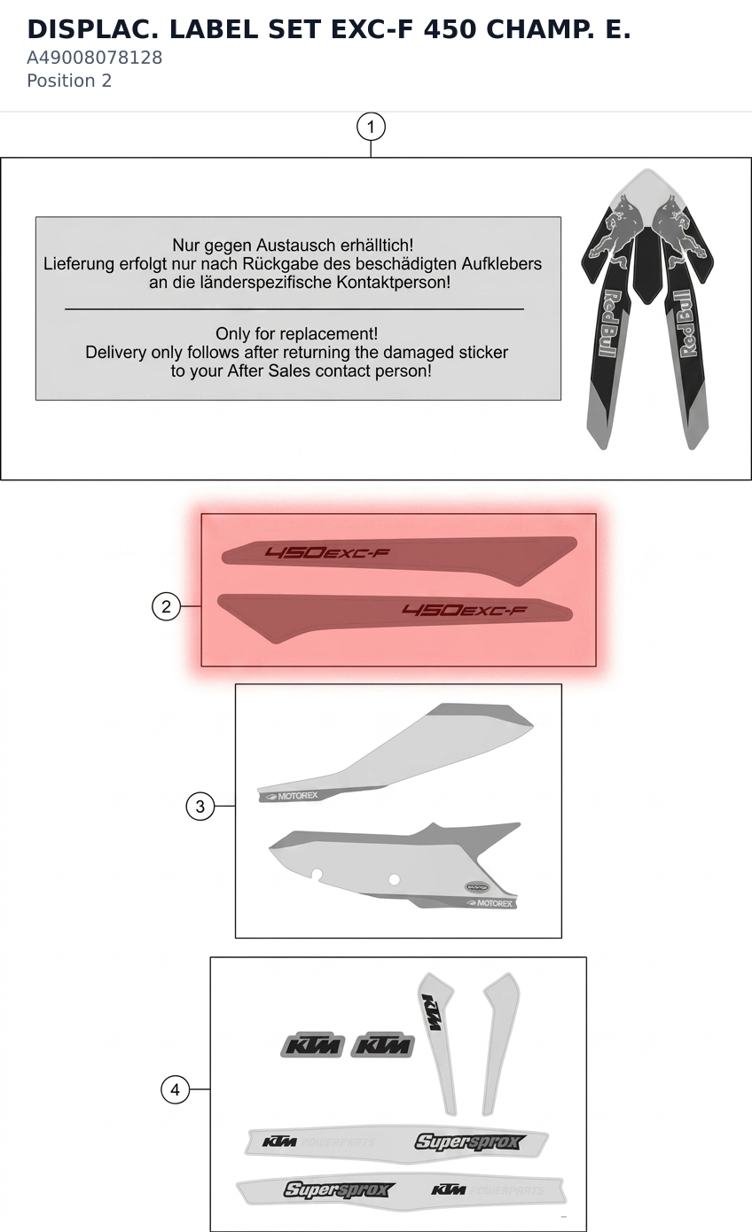 Diagram preview: DISPLAC. LABEL SET EXC-F 450 CHAMP. E. (A49008078128)
