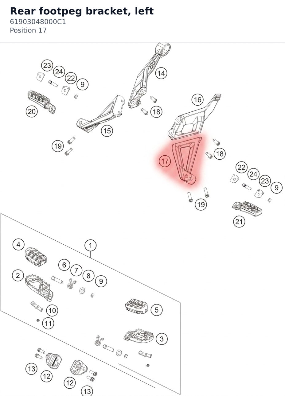 Diagram preview: Rear footpeg bracket, left (61903048000C1)