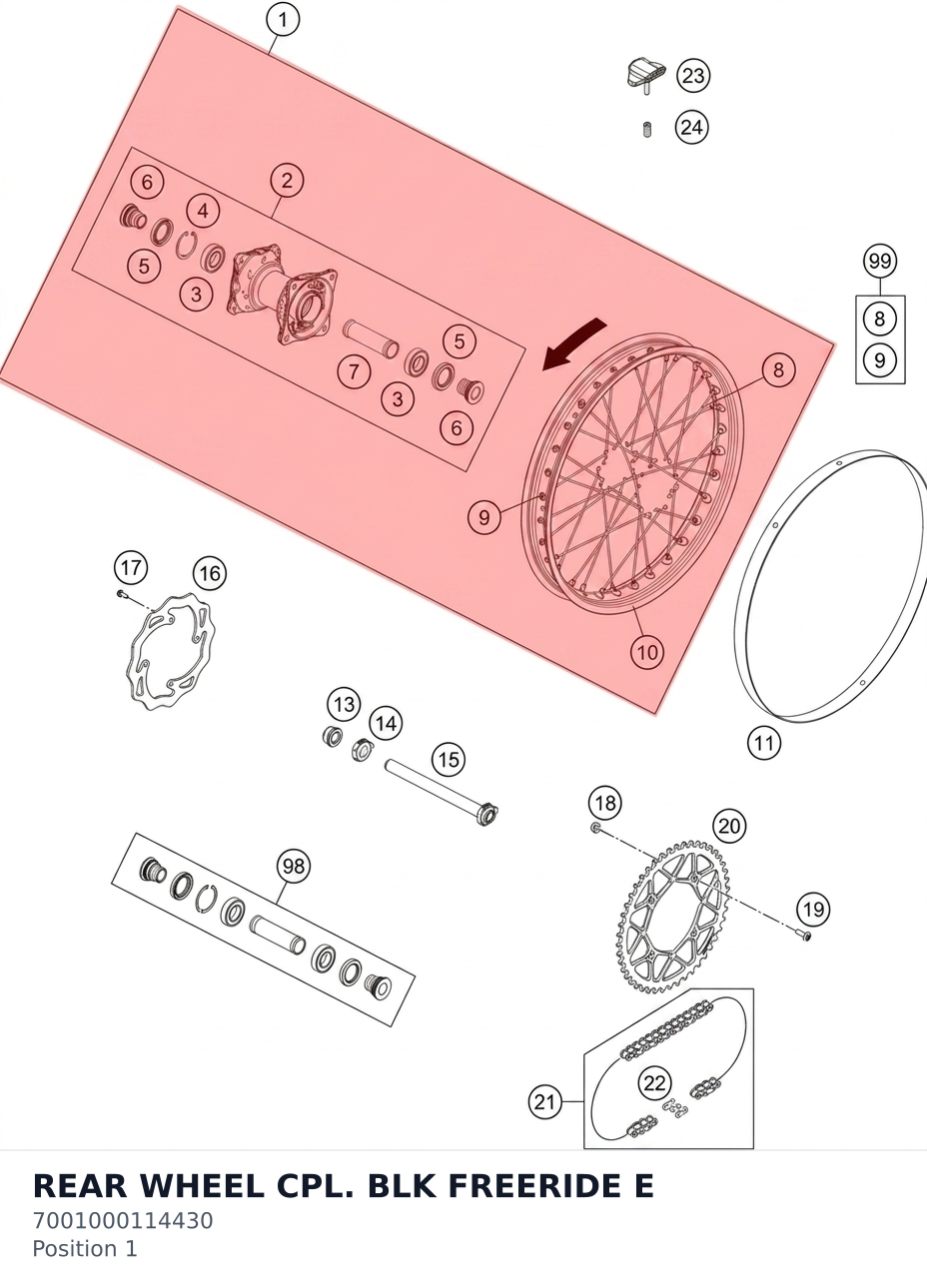 Diagram preview: REAR WHEEL CPL. BLK FREERIDE E (7001000114430)
