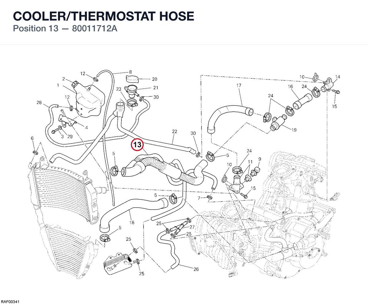 COOLER/THERMOSTAT HOSE 80011712A diagram position