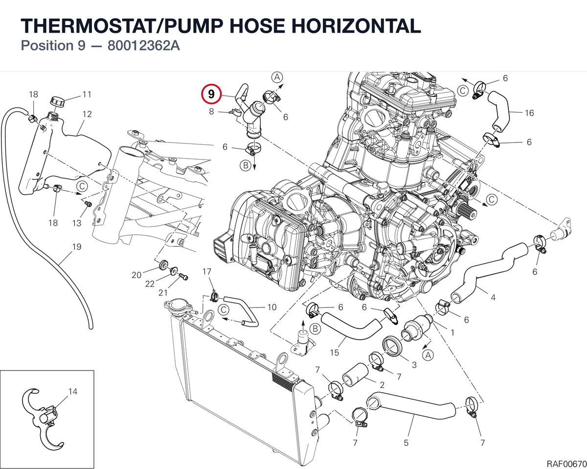 THERMOSTAT/PUMP HOSE HORIZONTAL 80012362A diagram position