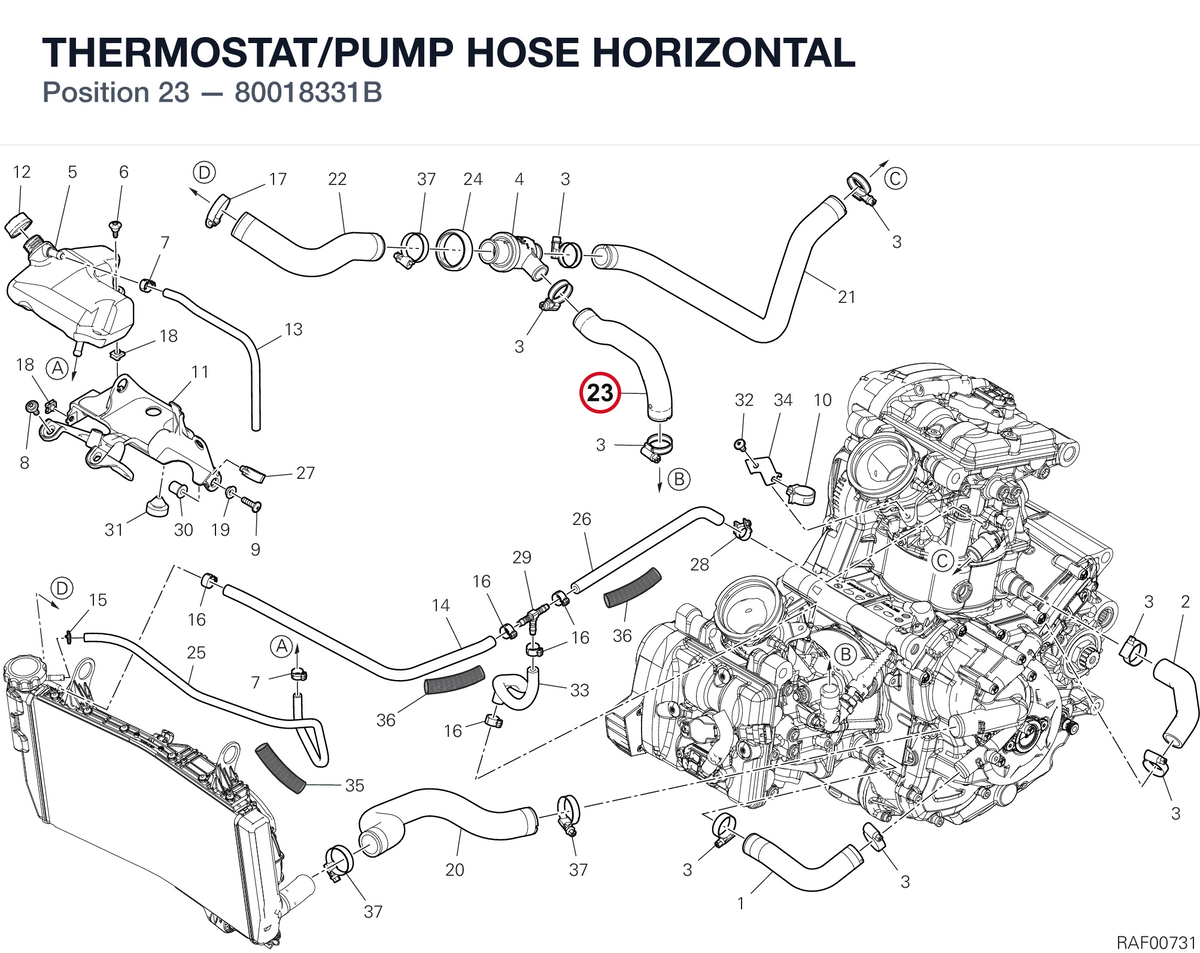 THERMOSTAT/PUMP HOSE HORIZONTAL 80018331B diagram position