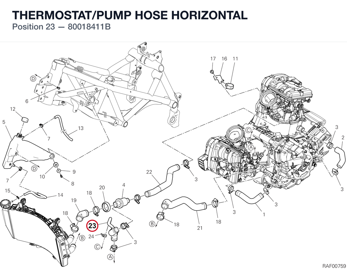 THERMOSTAT/PUMP HOSE HORIZONTAL 80018411B diagram position