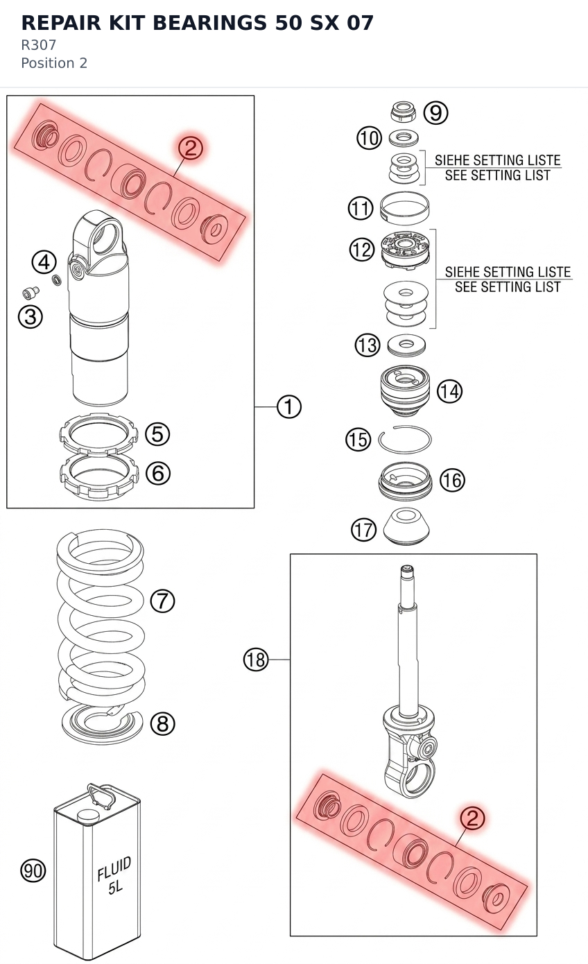 Diagram preview: REPAIR KIT BEARINGS 50 SX 07 (R307)
