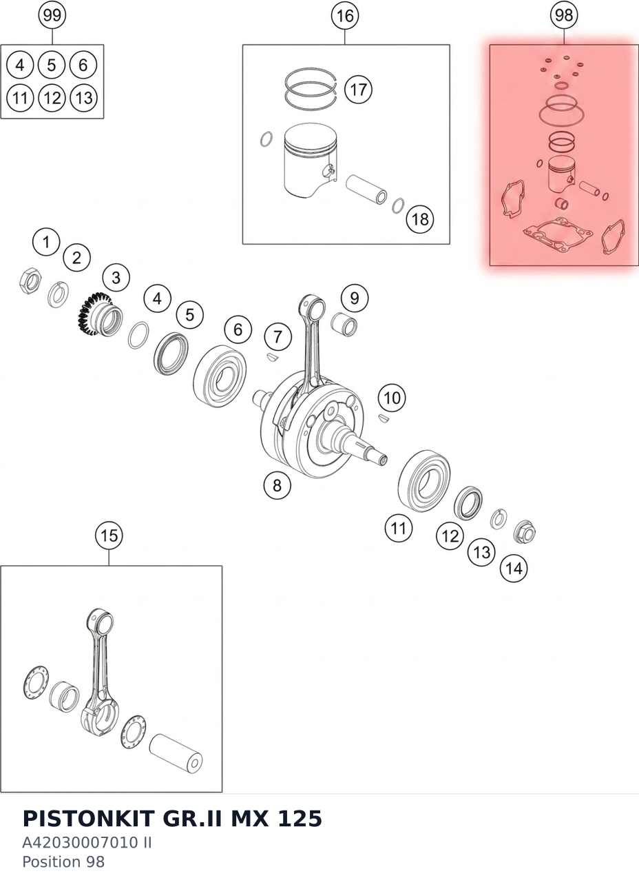 Diagram preview: PISTONKIT GR.II MX 125 (A42030007010 II)