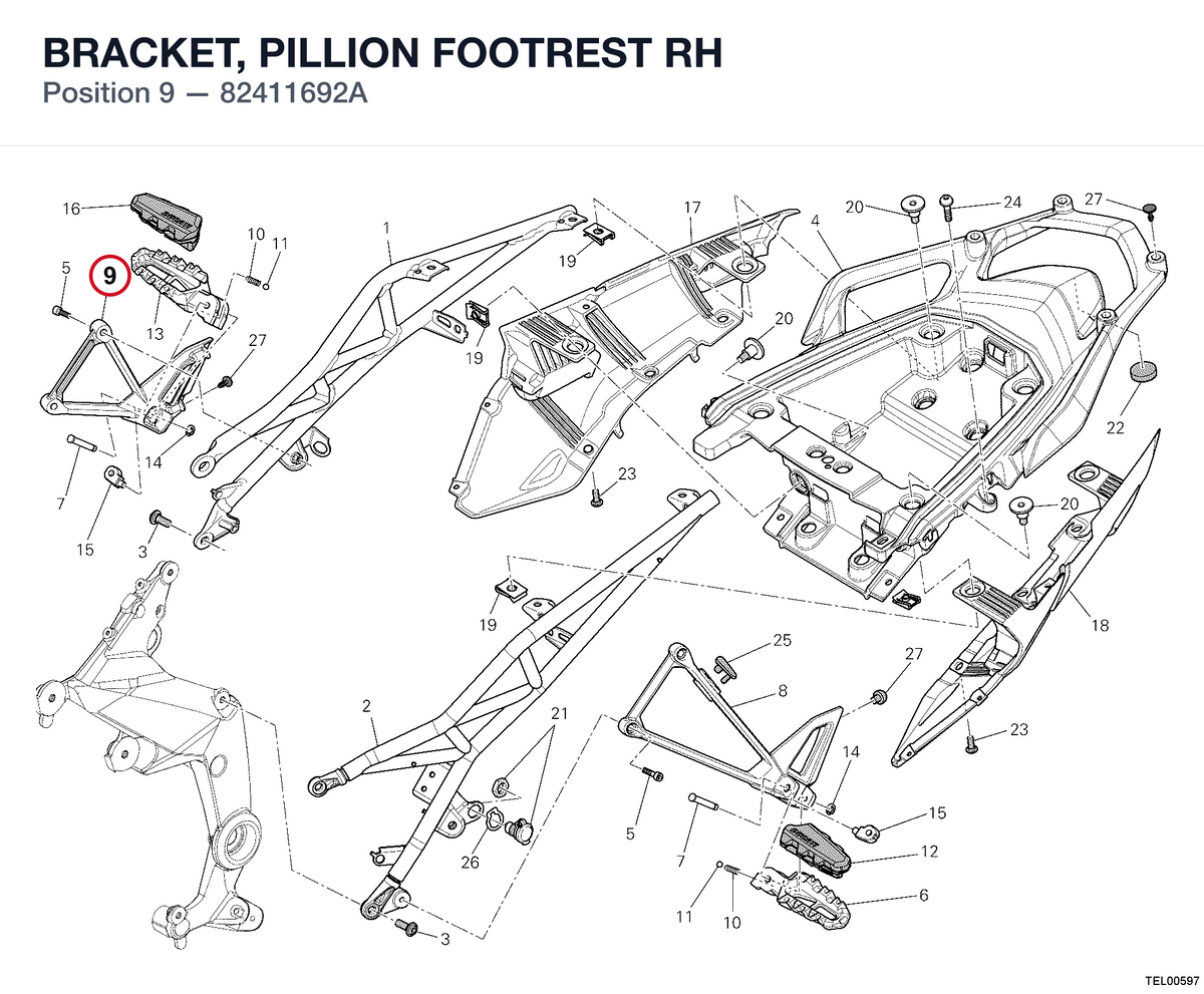 BRACKET, PILLION FOOTREST RH 82411692A diagram position
