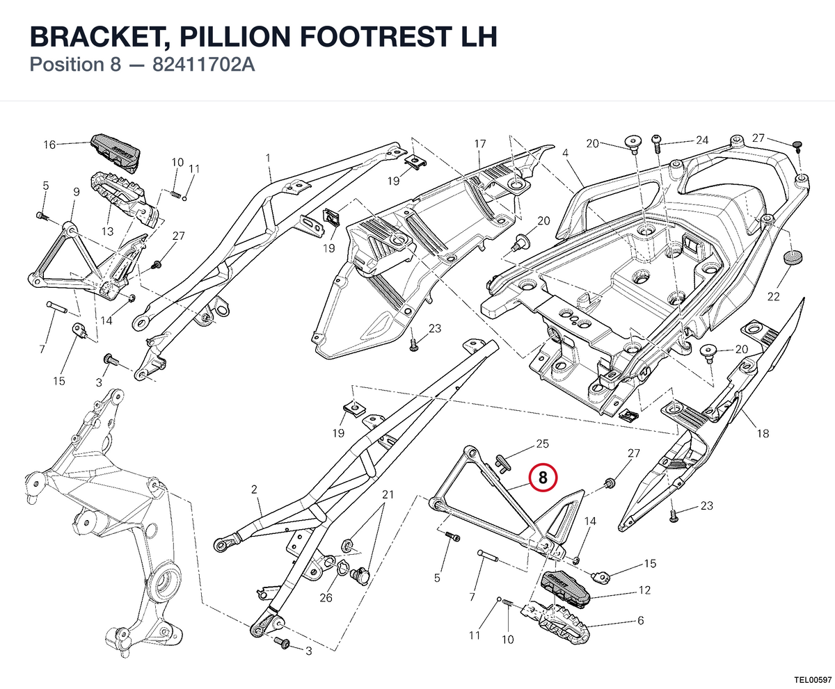 BRACKET, PILLION FOOTREST LH 82411702A diagram position
