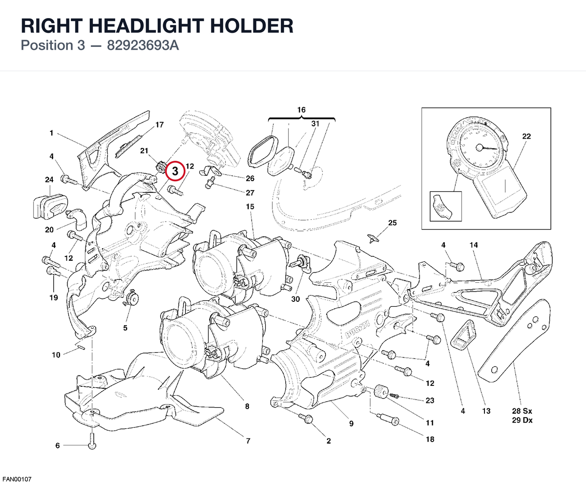 RIGHT HEADLIGHT HOLDER 82923693A diagram position