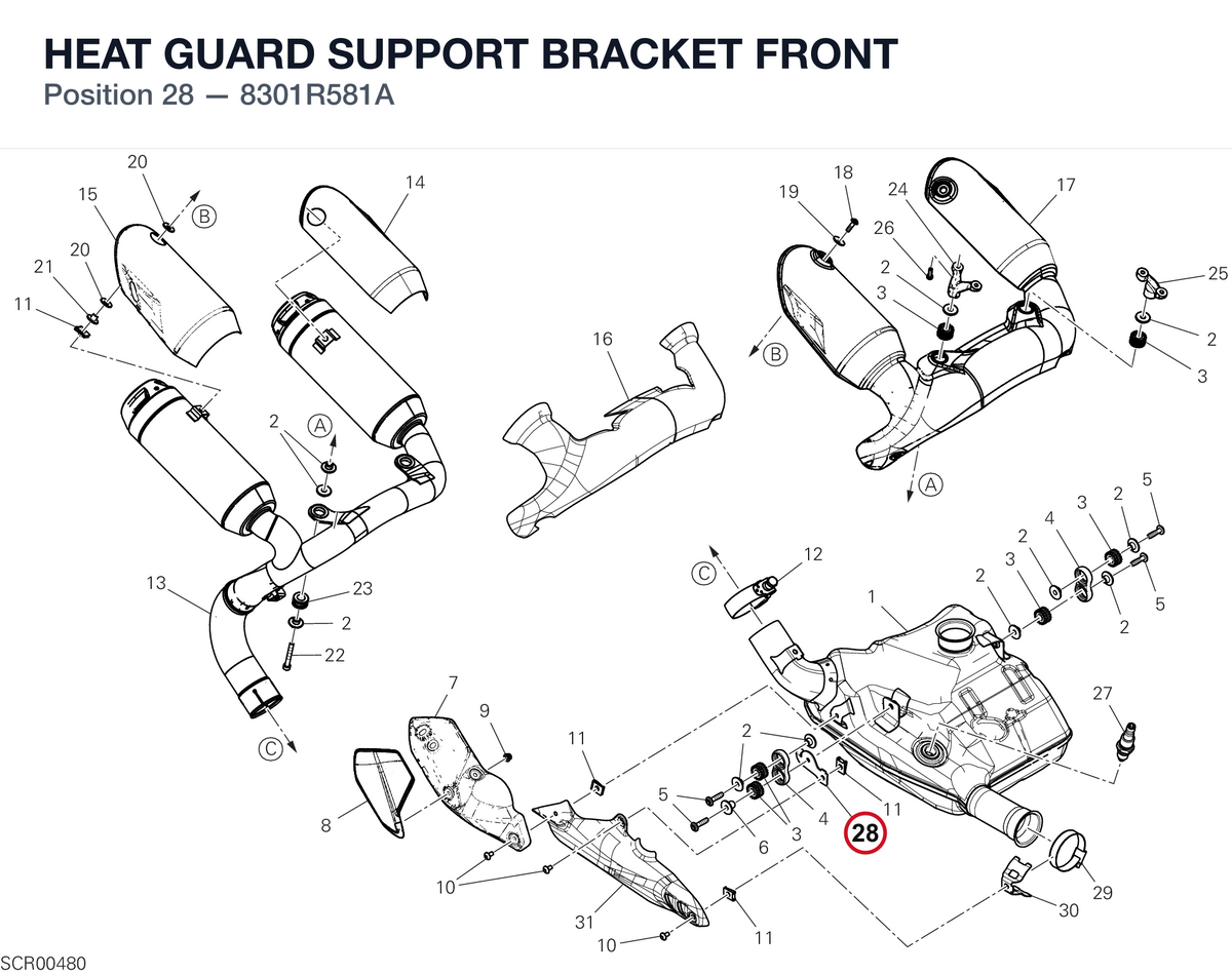 HEAT GUARD SUPPORT BRACKET FRONT 8301R581A diagram position
