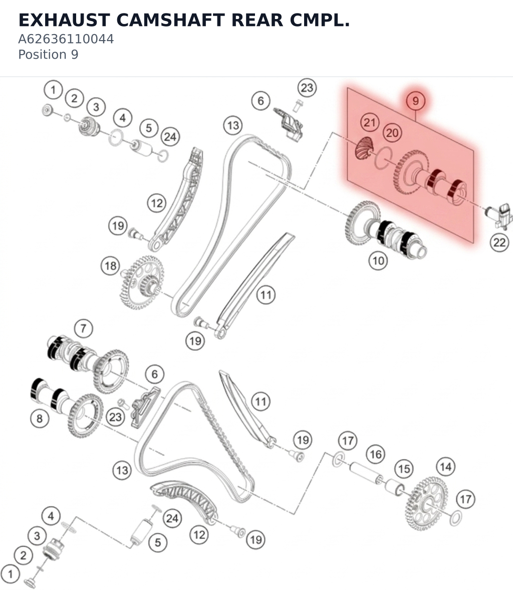 Diagram preview: EXHAUST CAMSHAFT REAR CMPL. (A62636110044)