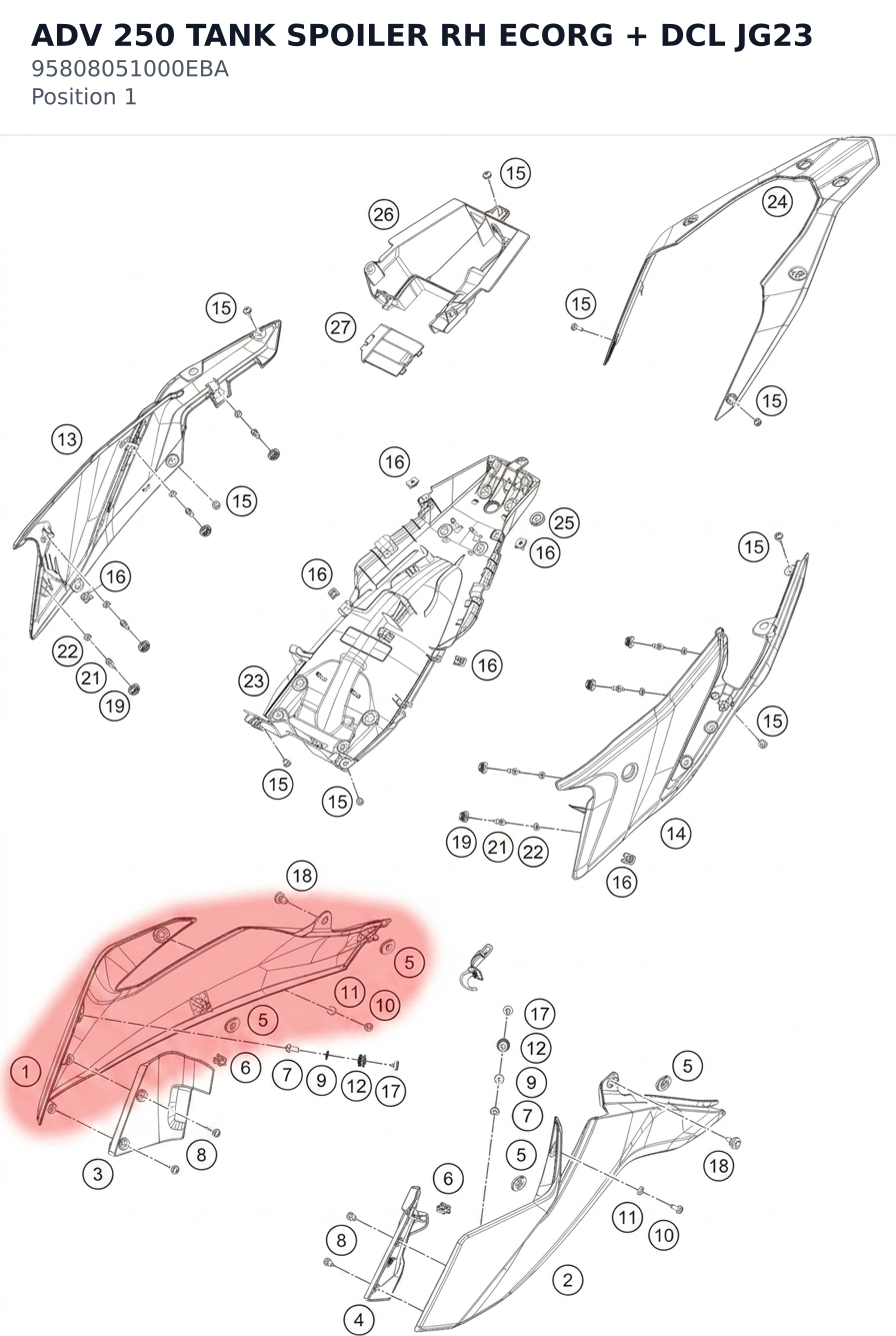 Diagram preview: ADV 250 TANK SPOILER RH ECORG + DCL JG23 (95808051000EBA)