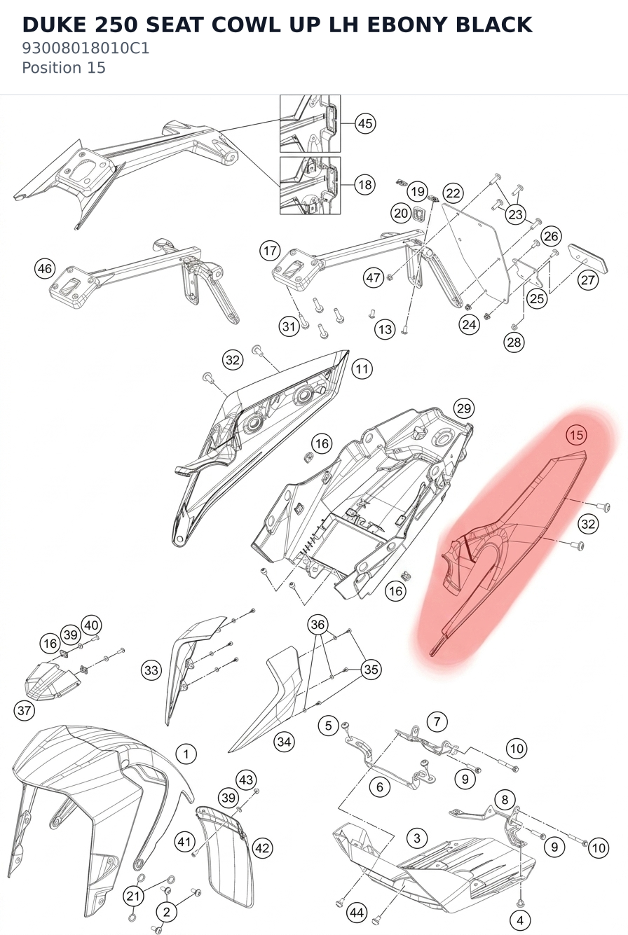 Diagram preview: DUKE 250 SEAT COWL UP LH EBONY BLACK (93008018010C1)