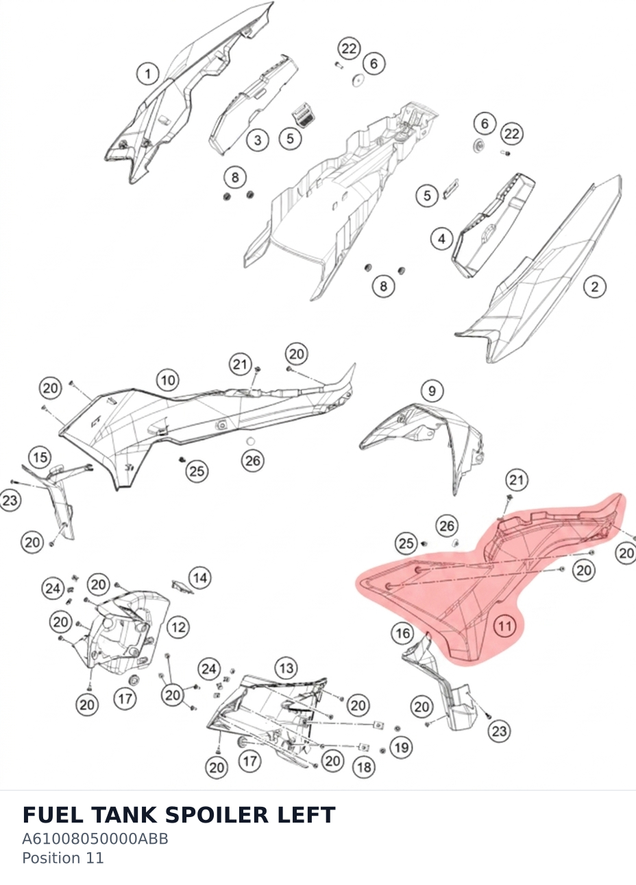 Diagram preview: FUEL TANK SPOILER LEFT (A61008050000ABB)