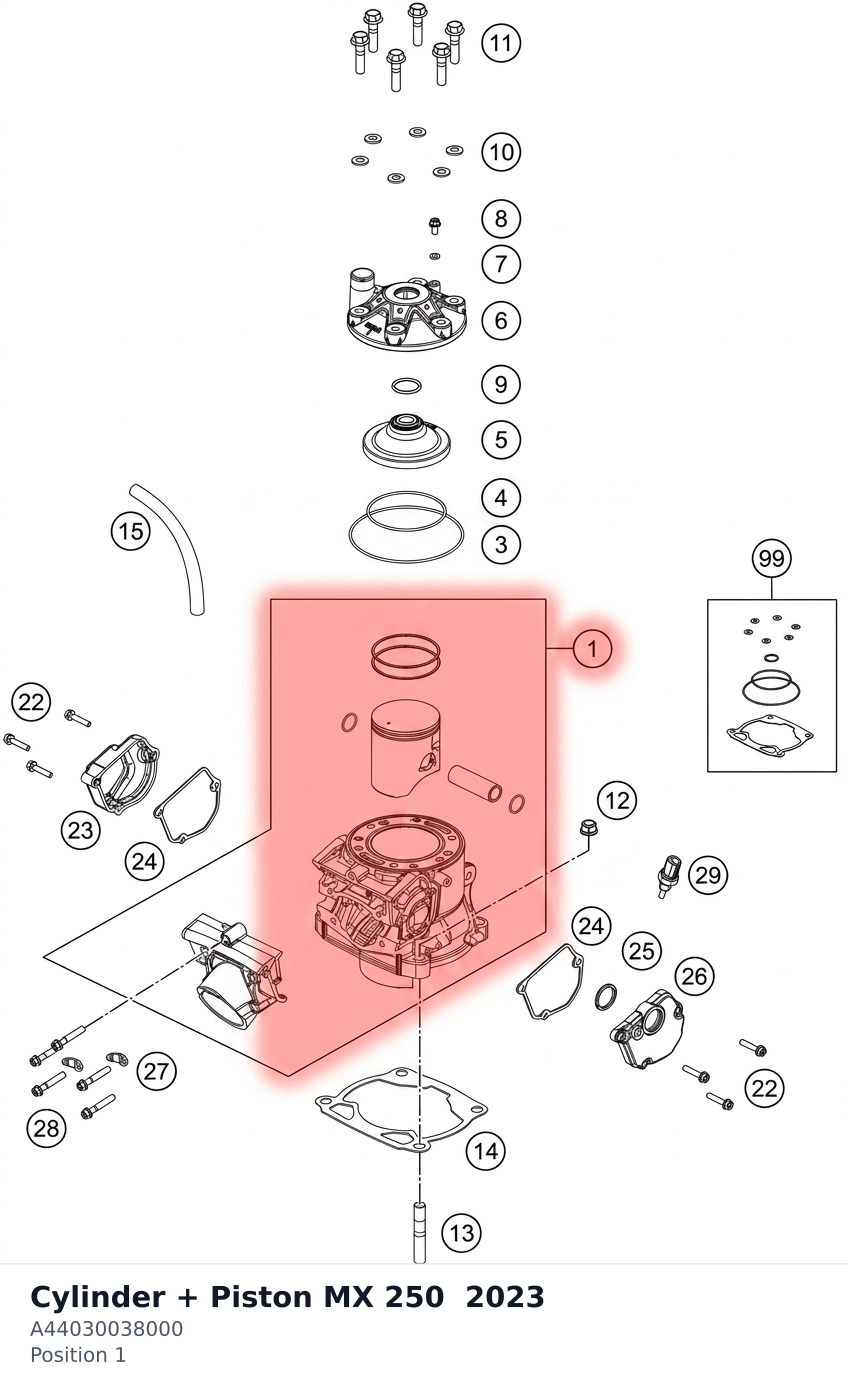 Diagram preview: Cylinder + Piston MX 250 2023 (A44030038000)