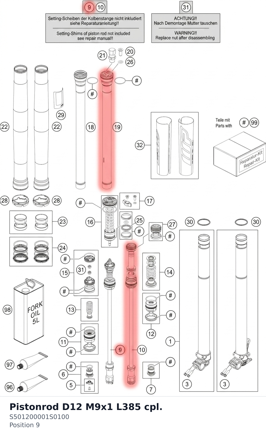 Diagram preview: Pistonrod D12 M9x1 L385 cpl. (S501200001S0100)