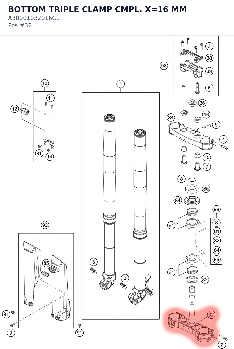 Diagram preview: BOTTOM TRIPLE CLAMP CMPL. X=16 MM (A38001032016C1)