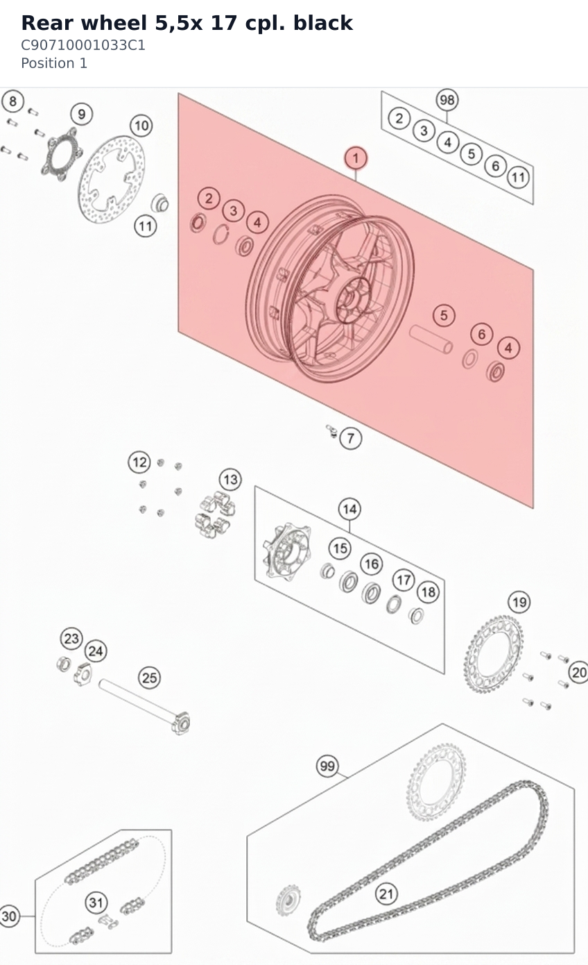 Diagram preview: Rear wheel 5,5x 17 cpl. black (C90710001033C1)
