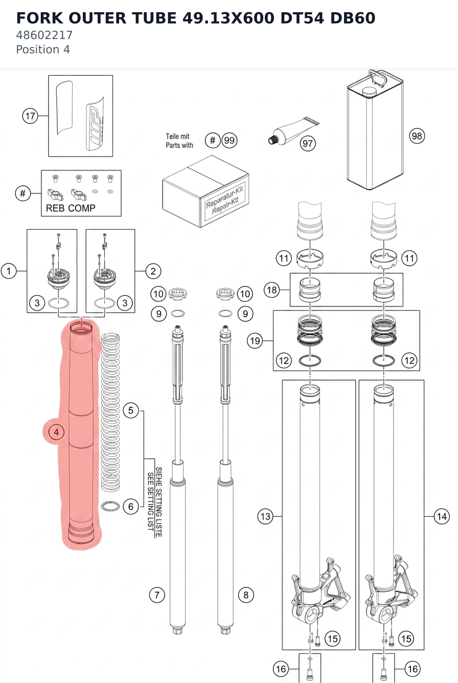 Diagram preview: FORK OUTER TUBE 49.13X600 DT54 DB60 (48602217)
