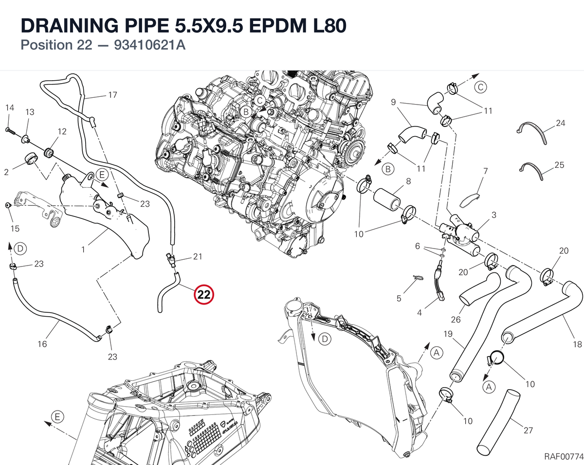 DRAINING PIPE 5.5X9.5 EPDM L80 93410621A diagram position