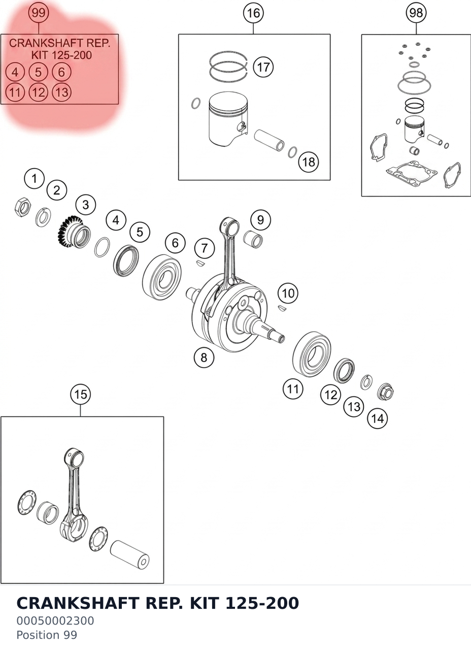 Diagram preview: CRANKSHAFT REP. KIT 125-200 (00050002300)