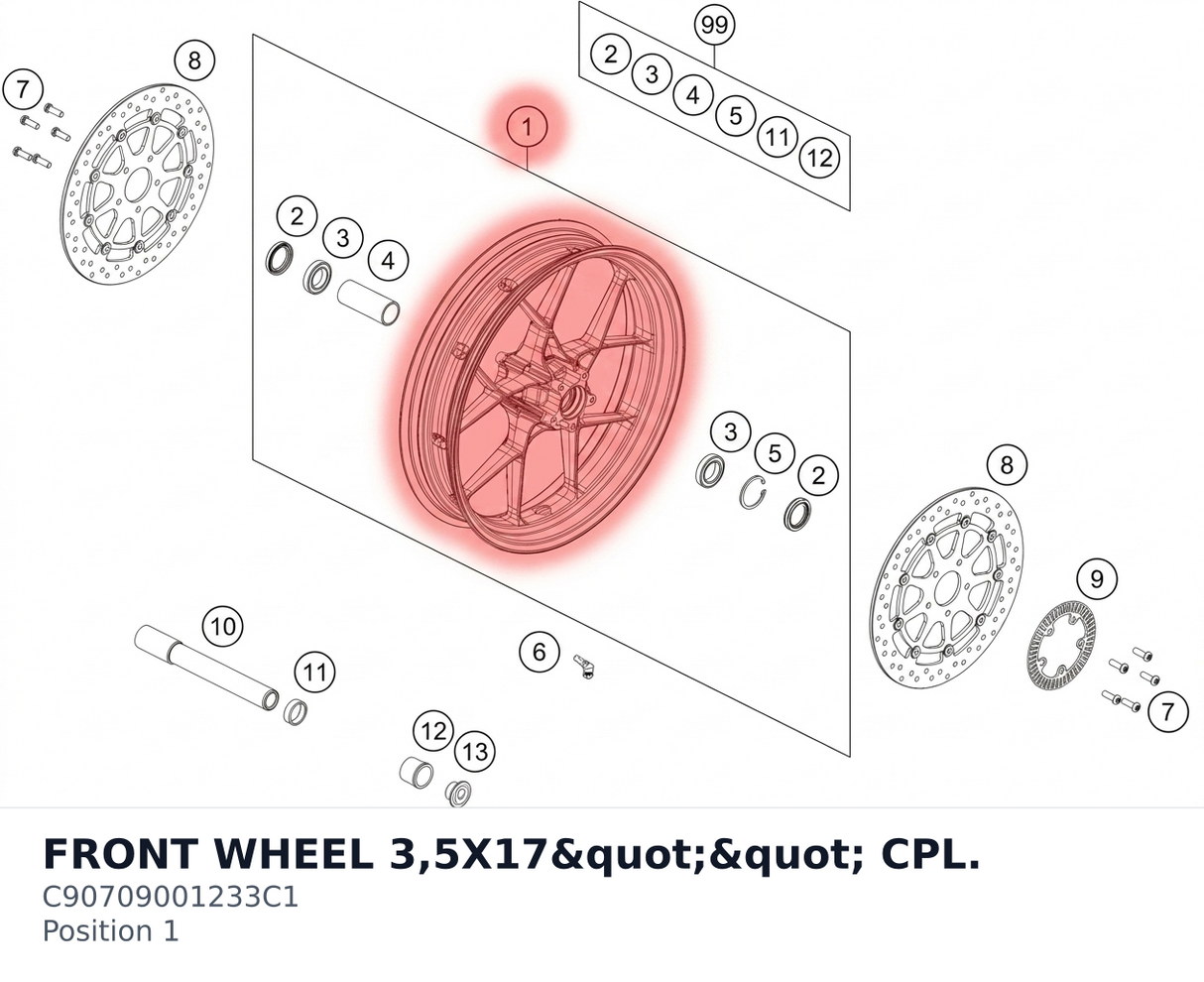 Diagram preview: FRONT WHEEL 3,5X17"" CPL. (C90709001233C1)
