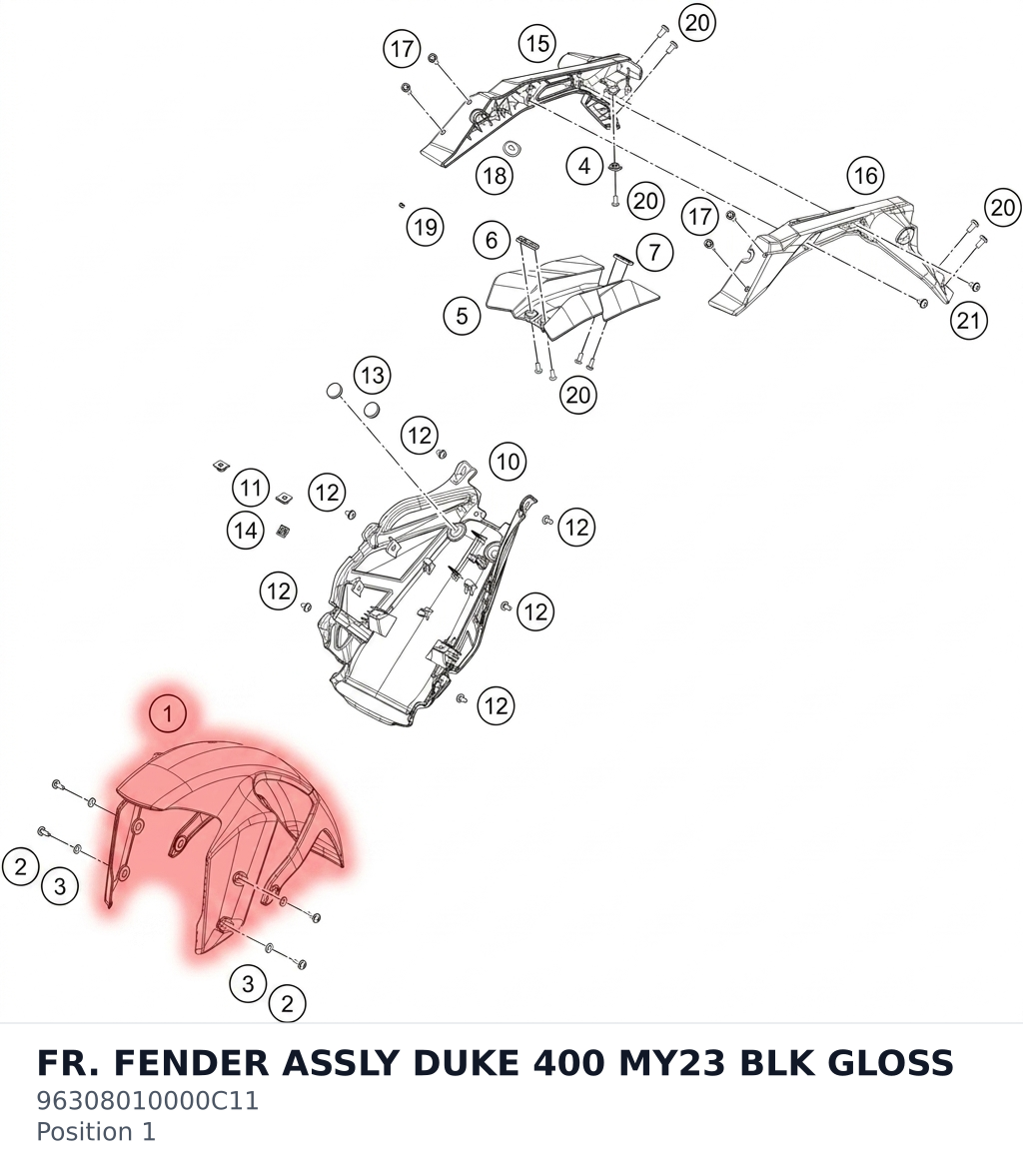 Diagram preview: FR. FENDER ASSLY DUKE 400 MY23 BLK GLOSS (96308010000C11)