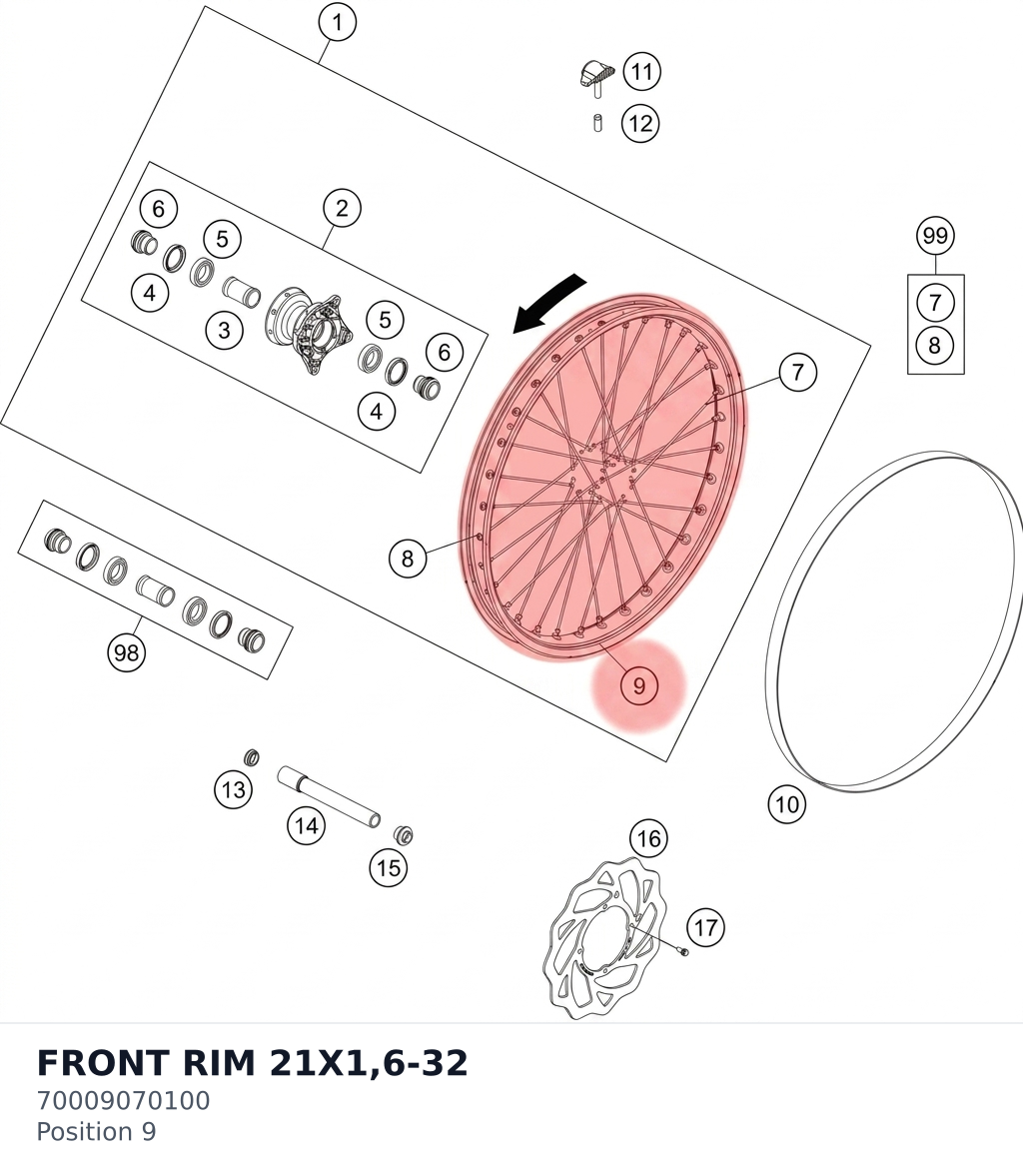 Diagram preview: FRONT RIM 21X1,6-32 (70009070100)